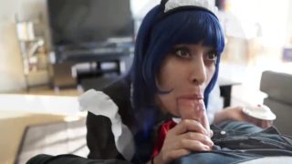 Maid in fishnets eats whipped cream from fat cock