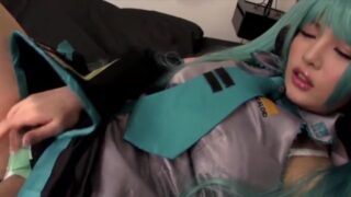 Cute asian Hatsune Miku cosplayer masturbates through panties