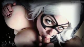 Busty Black Cat does blowjob and lets fuck her juggs