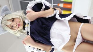 Asian neko in maid uniform shows off her bushy pussy