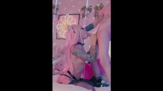 Leashed emo Neko sucks cock and enjoys pussy fuck
